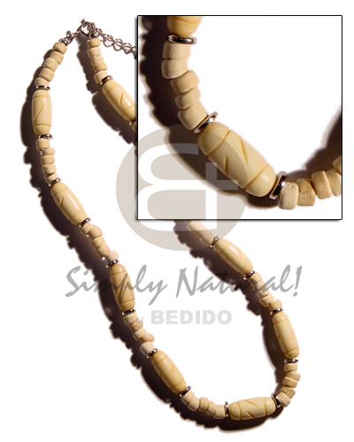 bone capsules  groove combinationned  4-5mm coco Pokalet.  nat. & metal flat beads - Unisex Necklace