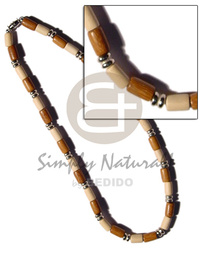 tube wood beads  flat silver metal combination - Unisex Necklace