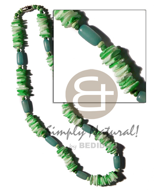 buri seed tube & colored white rose combination  2-3mm coco Pokalet. / green tones - Unisex Necklace