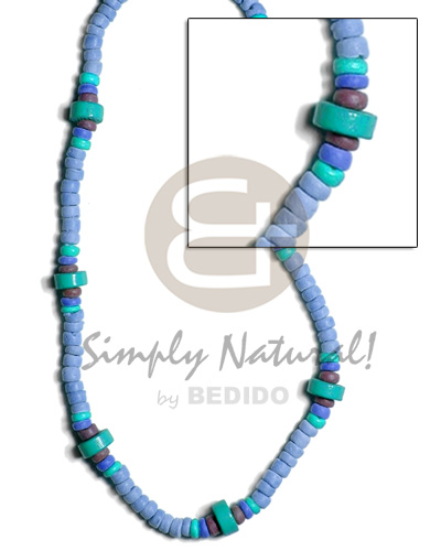 4-5mm coco Pokalet. in blue tone  blue. nat. wood wheel beads combination - Unisex Necklace