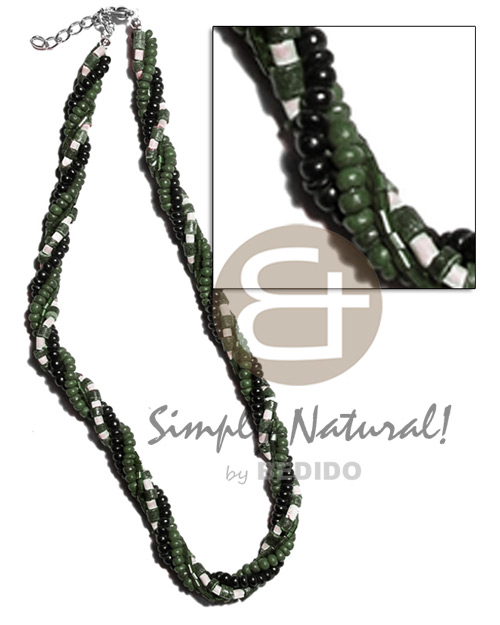 twisted 4 rows-2-3mm coco heishe bleach white/olive green/ 2-3mm coco Pokalet. olive green/black & glass beads - Unisex Necklace
