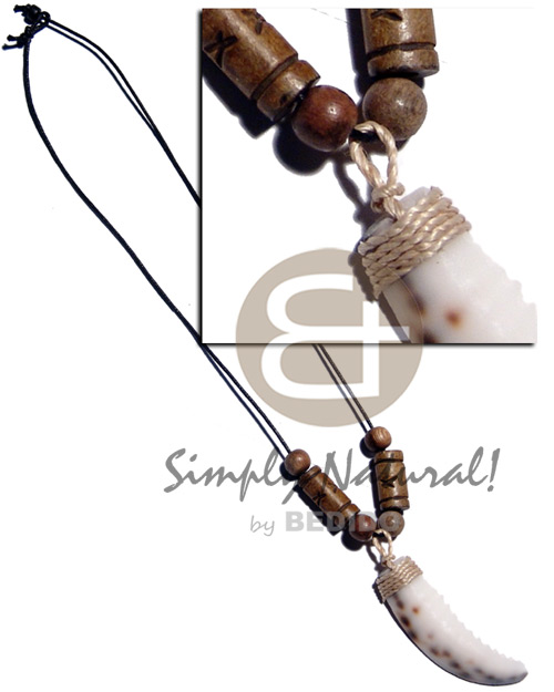cowrie tiger tooth pendant  antique carabao bone accent on wac cord - Unisex Necklace