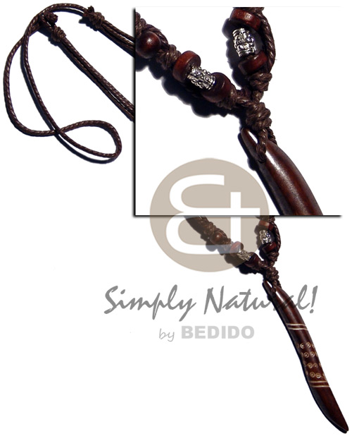 tribal carved 80mmx10mm wooden  pendant  coco Pokalet/wood beads accent in double wax cord / 23in. - Unisex Necklace