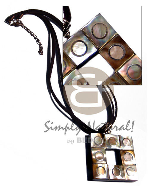 double leather thong  45mmx45mm square laminated brownlip  inlaid metal rings and resin backing pendant - Unisex Necklace