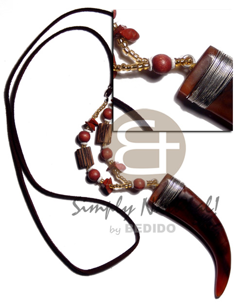 90mmx23mm carabao amber horn tusk pendant in leather thong  wood beads accents / 32 in - Unisex Necklace