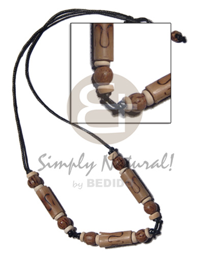 bamboo tube  burning and palmwood beads combination on a wax cord / 16in - Unisex Necklace