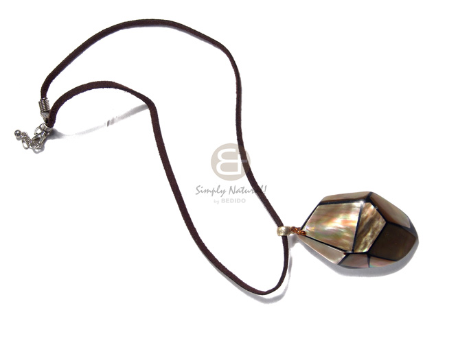 50mmx35mm laminated and embossed brownlip  resin backing in brown leather thong/ 18in - Unisex Necklace