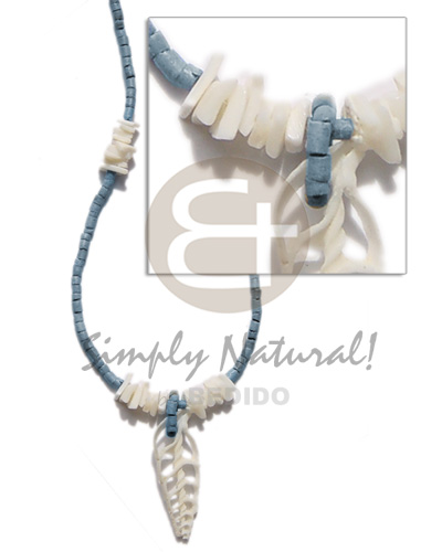 2-3mm coco heishe pastel blue  white shell sq cut alt and skeleton pendant - Unisex Necklace