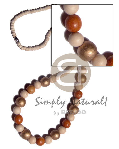 2-3mm bleached white coco Pokalet  12mm/10mm/8mm round wood beads combination / 18in / barrel lock - Unisex Necklace