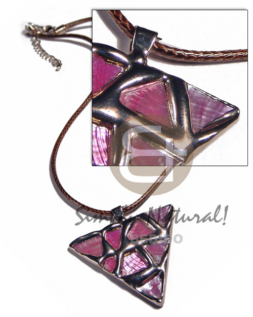 triangle 50mm glistening pink abalone    shiny brown woven cord neckline / molten silver metal series /  attached 5mm bell ring / electroplated/ 18in - Unisex Necklace