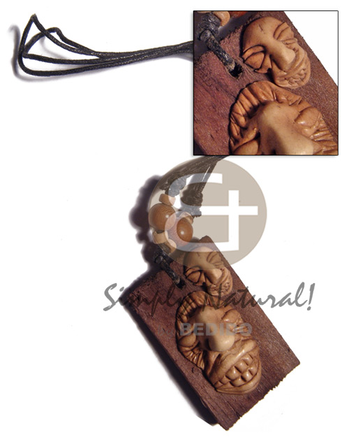 clay tribal mask on 60mmx40mm rectangular driftwood  /adjustable black wax cord /tribal clay series - Unisex Necklace