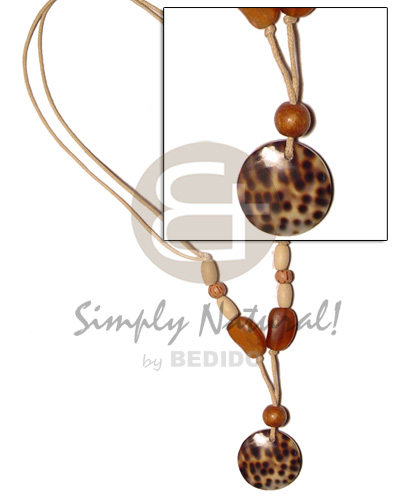 round cowrie shell pendant  bone ,wood, horn beads in wax cord - Unisex Necklace