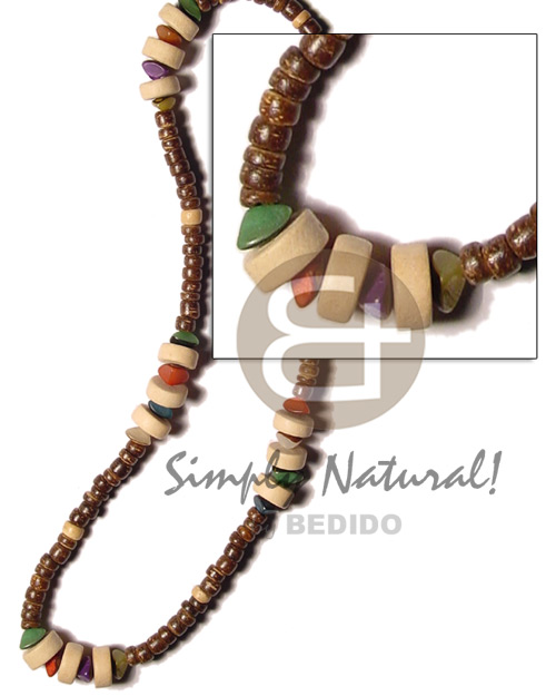 4-5mm coco. nat brown  multicolored buri nuggets & nat. wood wheels - Unisex Necklace