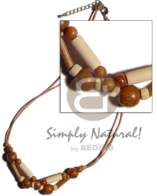 wood beads & tube on double wax cord - Unisex Necklace