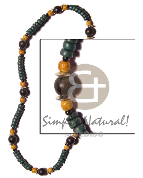 dark green 4-5mm coco Pokalet.  black & marble wood beads combination - Unisex Necklace