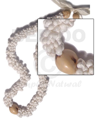 white mongo shell rings  tiger white kukui nuts combination  / 28in in matching adjustable ribbon  the maximum length of 54in - Womens Necklace