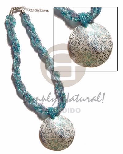 12 rows aqua blue twisted glass beads  matching round handpainted/embossed 45mm hammershell pendant - Womens Necklace