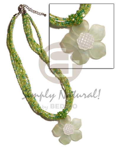 6 rows lime green  multi layered glass beads  pastel green 45mm flower hammershell pendant  grooved nectar - Womens Necklace