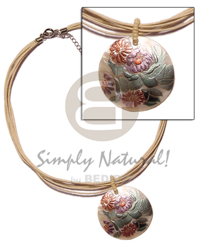 6 layer beige wax cord  matching 40mm round handpainted hammershell pendant - Womens Necklace