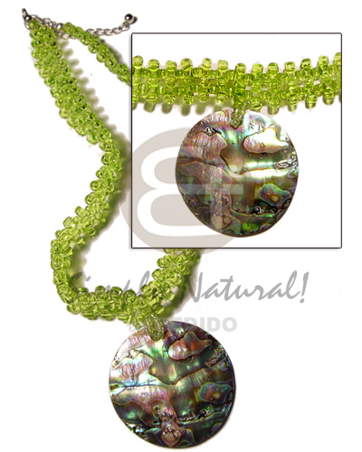 lime green glass beads flat choker  matching 40mm round paua abalone pendant - Womens Necklace