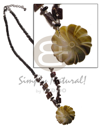2-3mm black coco heishe  sq. cut black tab accent & 35mm flower blacklip pendant - Womens Necklace