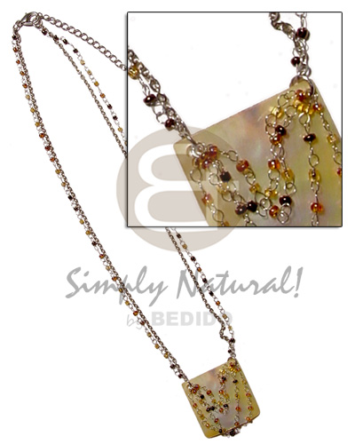 40x40mm square MOP pendant in metal chain & metal looping  glass beads accent - Womens Necklace