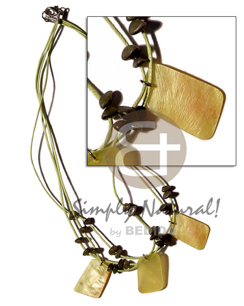 3 layers wax cord & buri nuggets  3 rectangular yellow hammershell pendants - Womens Necklace