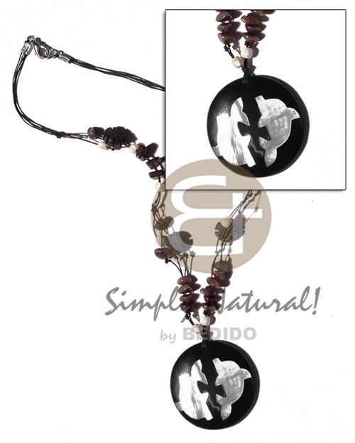 knotted wax cord  buri seeds & shell beads & inlaid dolphin hamershell round 40mm pendant - Womens Necklace