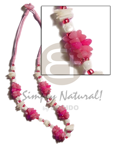 pink 3 layer wax cord  buri seeds, shell & white rose beads combination - Womens Necklace