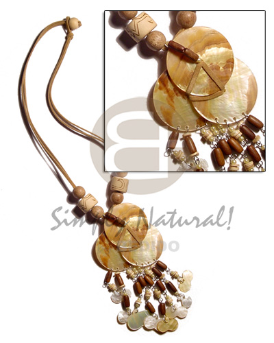 3 overlapping  25mm MOP  wood beads & shell heishe & hammershell chips tassles in 2 layer leather thong - Womens Necklace