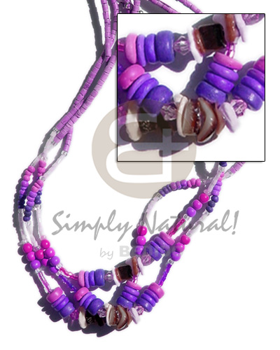 3 rows 2-3mm coco lavender/pink tones heishe / 2-3mm & 7-8m coco Pokalet. / sq. cut brownlip  cut beads combination - Womens Necklace