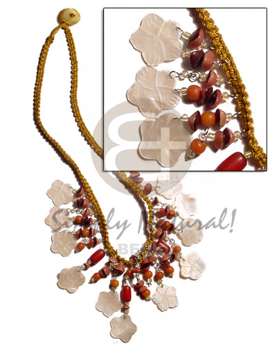 golden macrame  dangling 15mm nat. flower hammershells  buri seeds - Womens Necklace