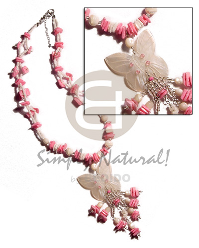 white rose/pink white rose combination  glass beads & 40mm butterfly nat. hammershell  dangling tassled shells - Womens Necklace