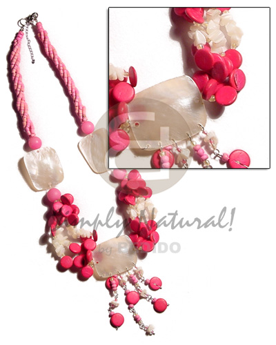 3 layers twisted pink 2-3mm coco heishe  buri beads, coco sidedrill, shell chips , 3 pcs. 30mmx25mm rectangular nat. hammershell / tassled - Womens Necklace