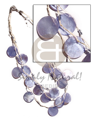 3 rows raffia in graduated length  21 pcs. round 18mm lilac hammershell  and glass beads accent - Womens Necklace