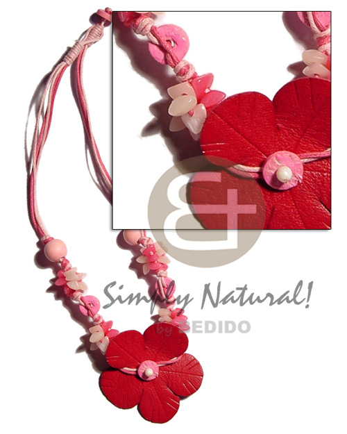 3 layers wax cord  wood beads, buri nuggets & faux leather flower/pink - Womens Necklace