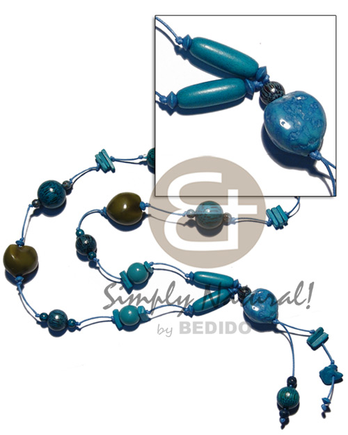 36 in. tassled wax cord  painted marbled & asstd. wood beads   colored kukui nut / blue/green tones - Womens Necklace