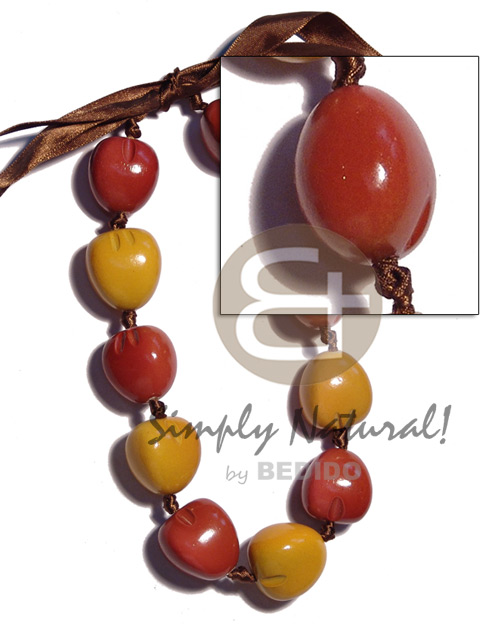kukui nut  choker / orange brown & mustard  ( 11pcs. ) / adjustable ribbon - Womens Necklace