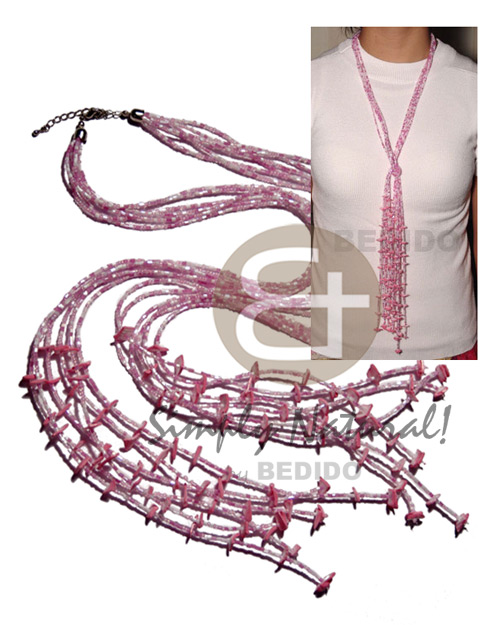 scarf necklace - 7 rows pink/white cut glass beads  tassled white rose shell in pink / 46 in. - Womens Necklace