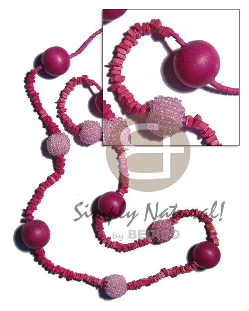 4-5mm pink coco square cut / 2-3mm pink coco heishe  glass beads and wood beads combination / 40 in. - Womens Necklace