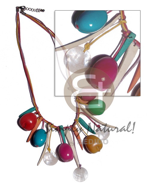 bora bora necklace- dangling colored kukui nuts  indian stick & round nat. white hammershell accent and 3 layer wax cord - Womens Necklace