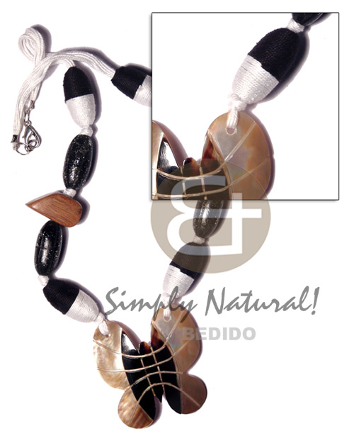 nat. white wood beads in black  wrapped  wood beads combination & 45mm brownlip butterfly  pendant   skin - Womens Necklace