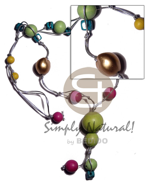 kukui & colored wood beads combination in silver cord ( 32 in ) - Womens Necklace