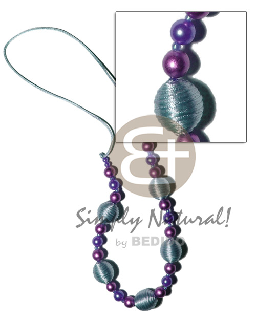 20mm wrapped wood beads  golden wood beads, pearl combination in lilac/light blue tones on lilac satin cord / 30 in - Womens Necklace
