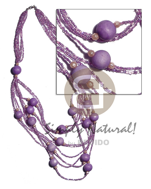 5 rows  graduated multilayered lilac glass beads  20mm round wood beads/pearl accent /lilac tones / 32 in - Womens Necklace