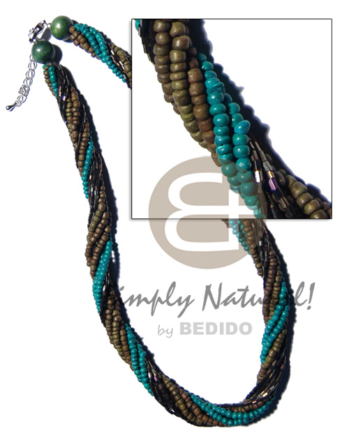 10 rows - 2-3mm olive green/aqua marine coco Pokalet & rainbow cut glass beads combination / - Womens Necklace