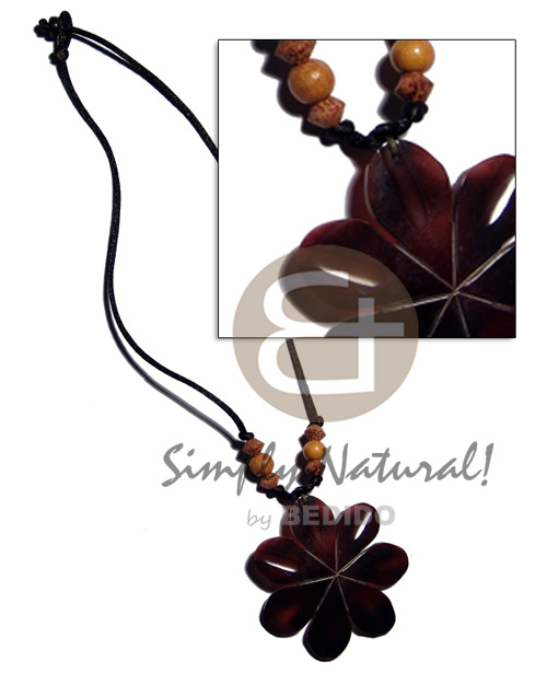 60mm flower black tab shell in wax cord  wood beads accent - Womens Necklace