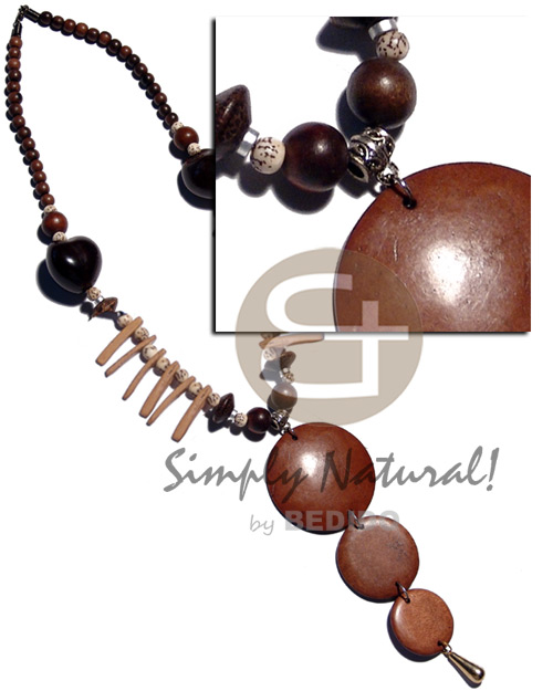 round woods beads  brown kukui nuts, coco sticks, buri tiger seed and dangling graduated dyed nat. wood  circles  - 50mm/35mm/30mm - Womens Necklace