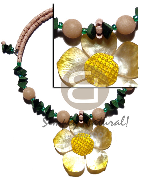 2-3mm natural coco heishe choker wire  buri nuggets/seeds & graduated yellow hammershell 45mm flower pendant - Womens Necklace