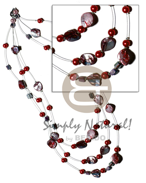 floating red kabibe shell nuggets in 3 graduated rows of magic wire  28" / 24" / 22"   pearl beads accent - Womens Necklace